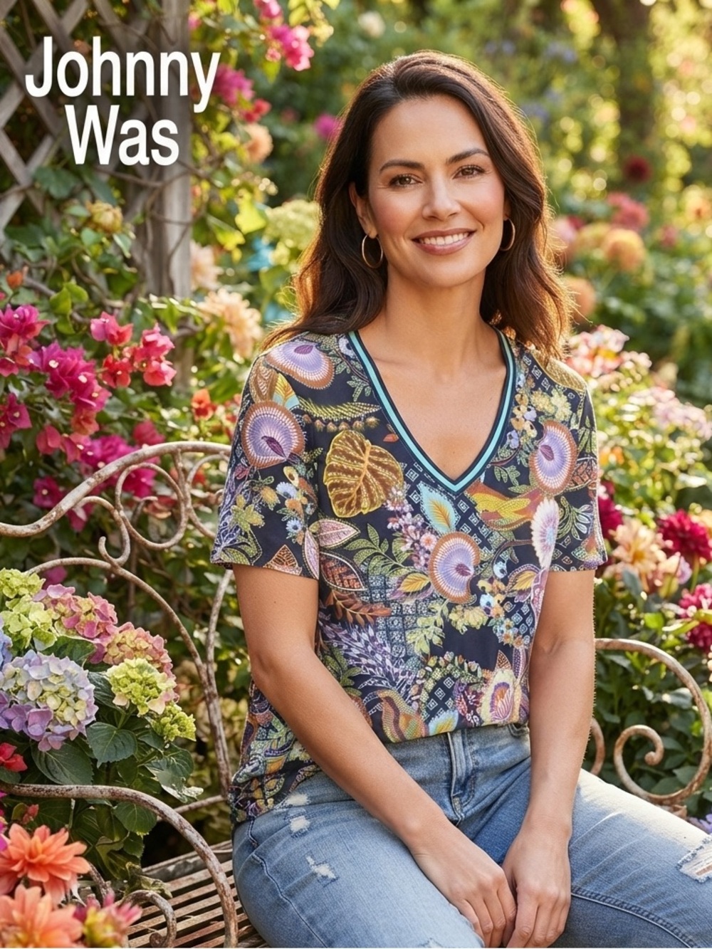 Johnny Was Navy Botanical V-Neck Short Sleeve Tee